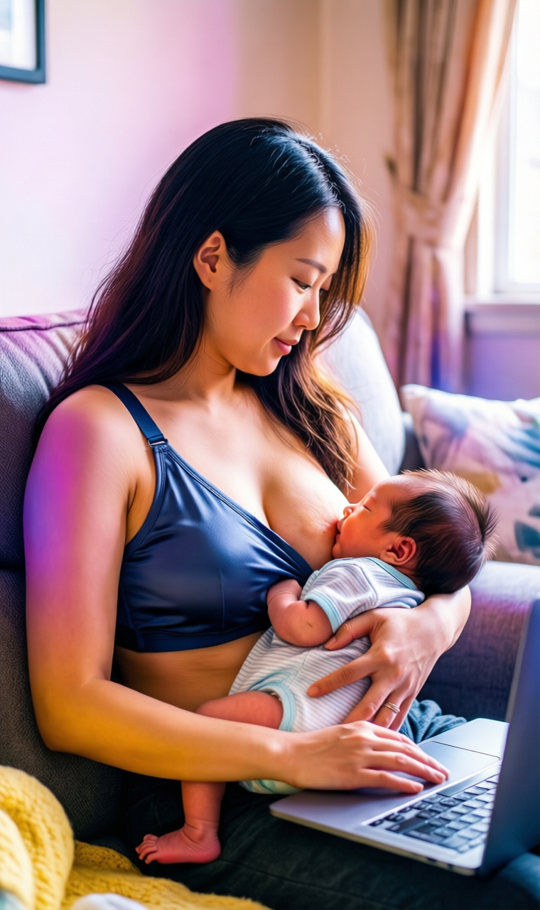 Mother wearing Bravado Body Silk Seamless Nursing Bra at home